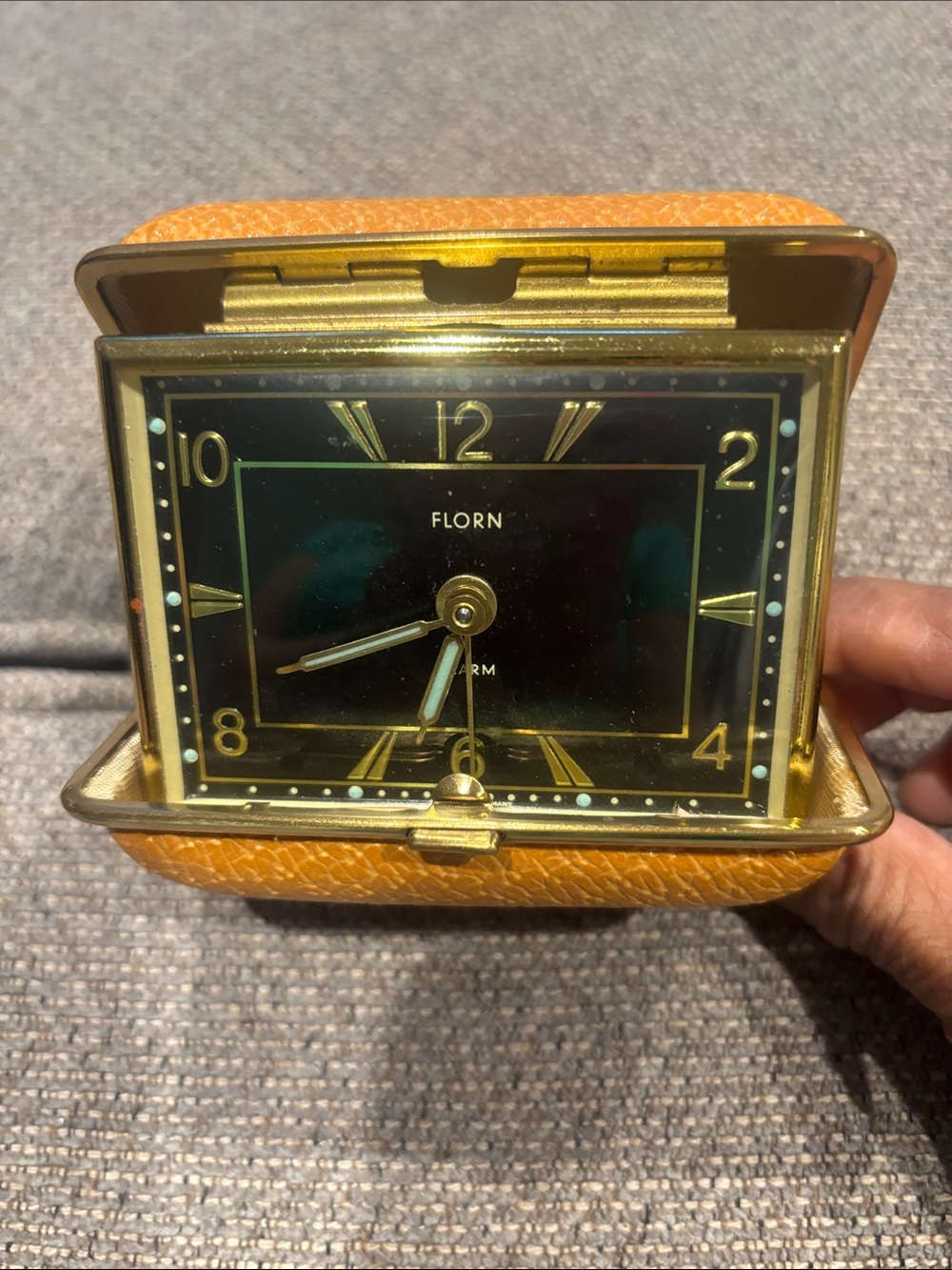 Vintage 1960s Florn Travel Alarm Clock with Gold Accents